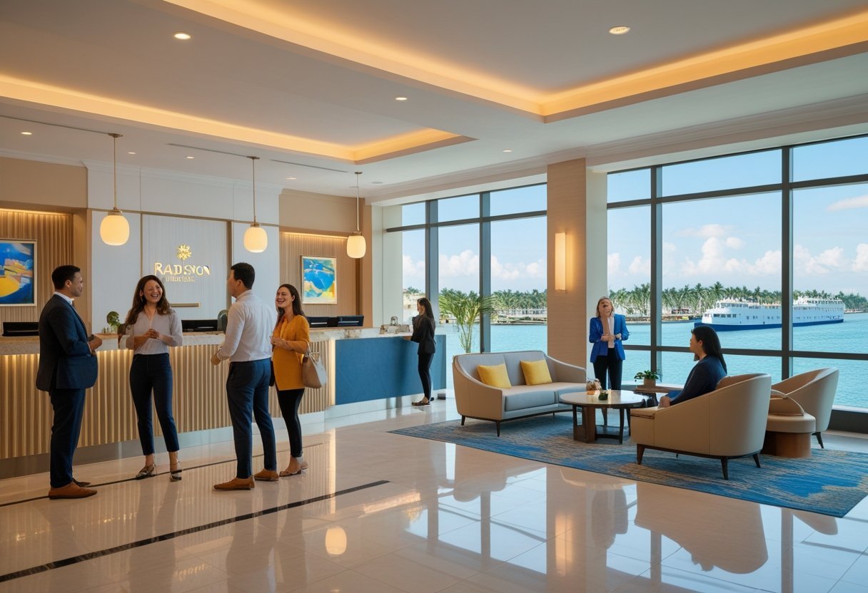 Hotel lobby with guests and staff interacting, large windows showing Panama Canal view in the background.