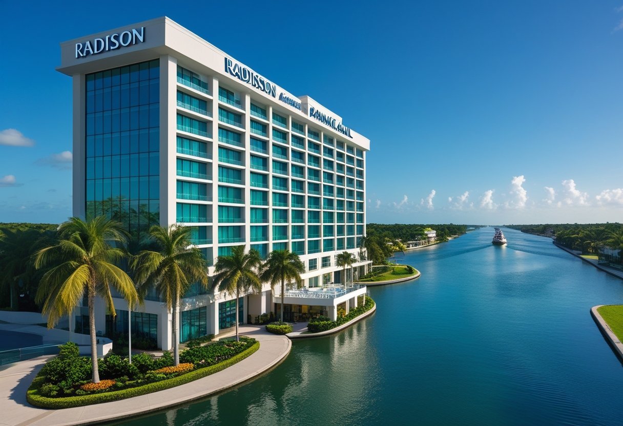 Modern hotel building overlooking the Panama Canal with ships passing through and tropical greenery surrounding the area.