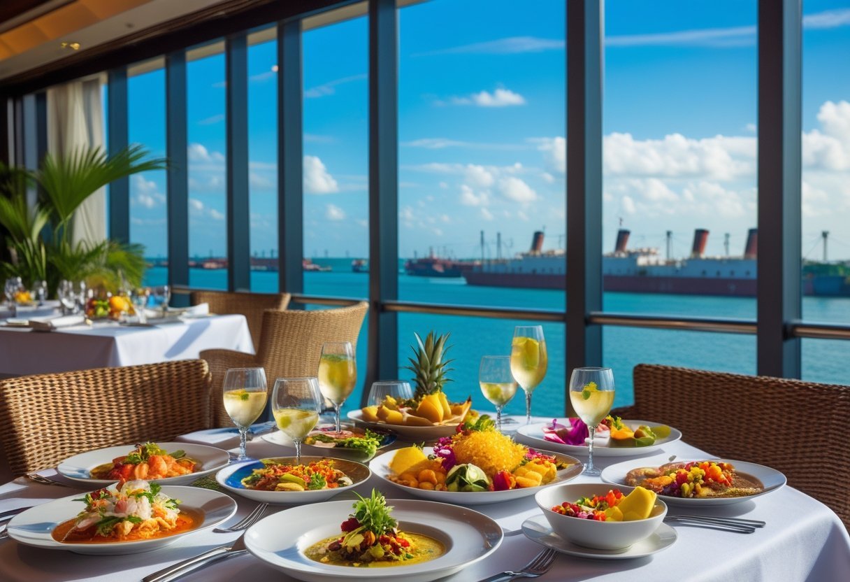 A dining table with various dishes set near large windows overlooking the Panama Canal with ships passing by.