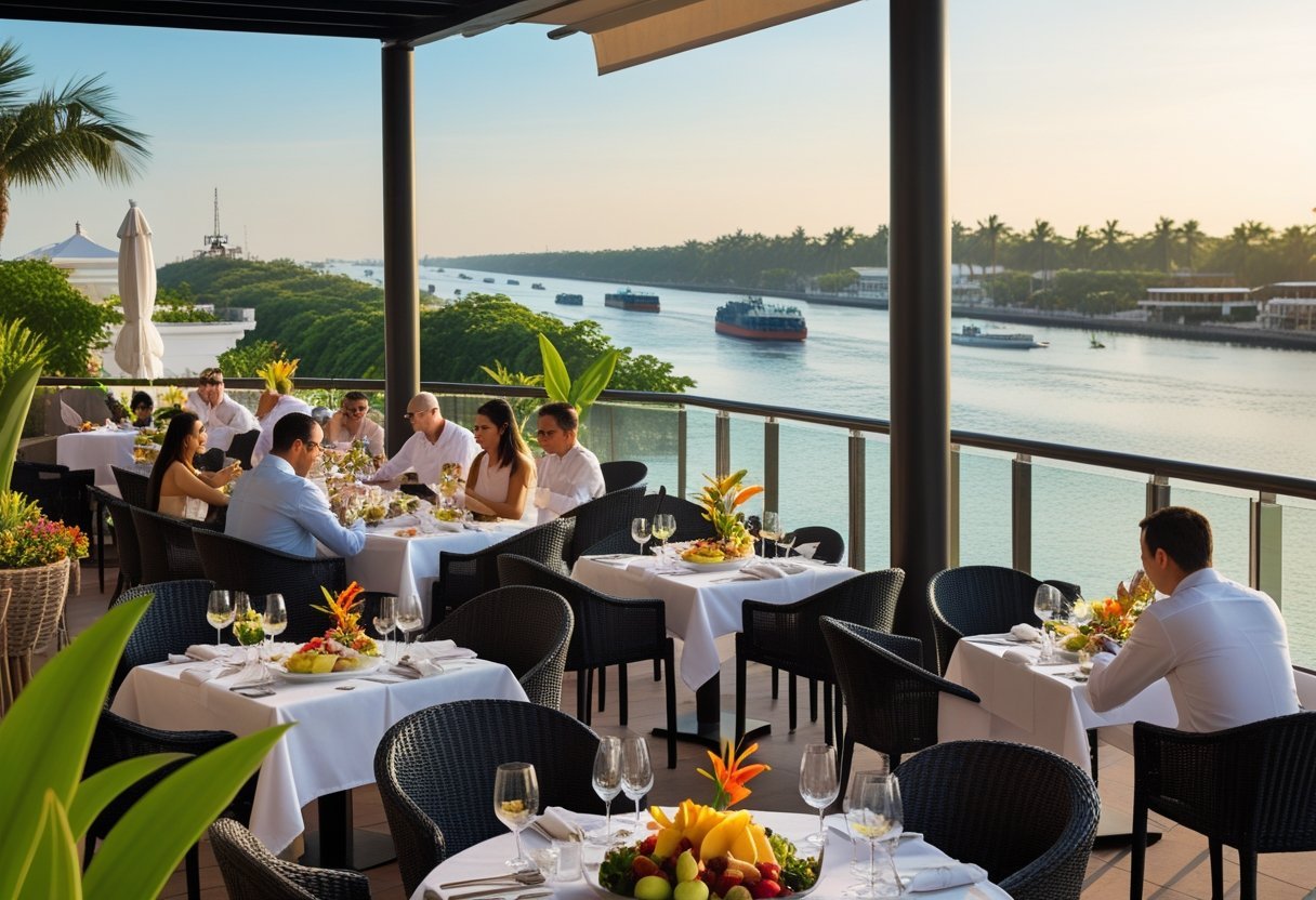 Outdoor restaurant terrace overlooking the Panama Canal with guests dining and ships passing in the water.