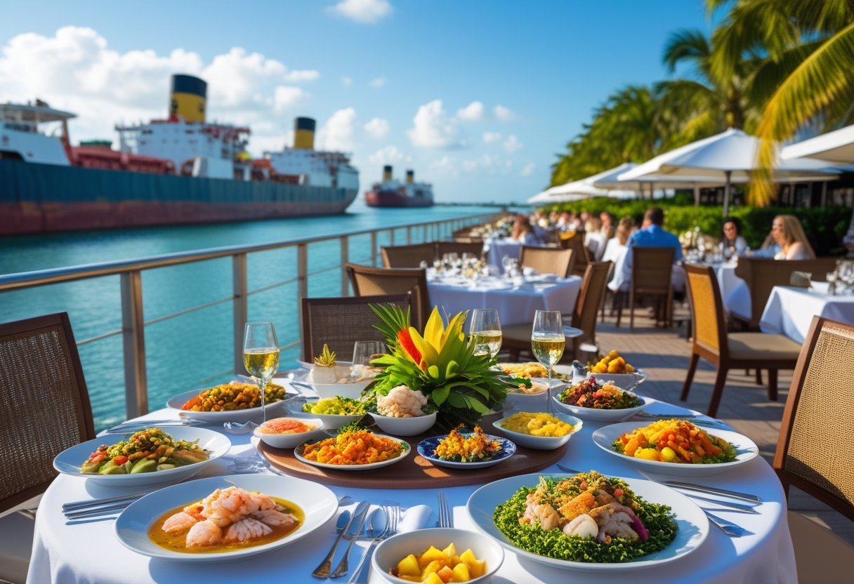 Outdoor dining table with various dishes by the Panama Canal, with ships and greenery in the background.