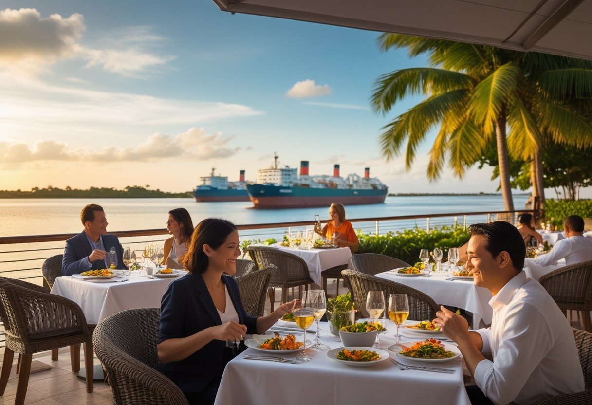 Outdoor restaurant terrace overlooking the Panama Canal with diners enjoying meals and large ships passing by.