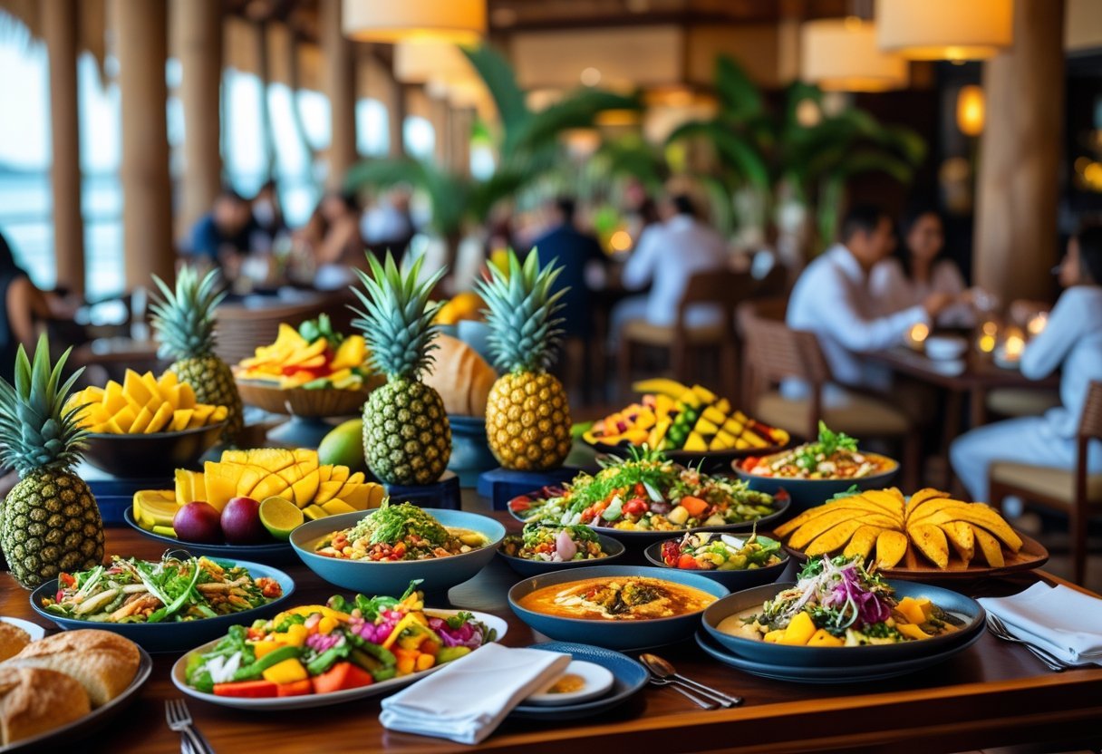 A buffet table with a variety of tropical fruits, seafood dishes, salads, and breads in a warm, inviting dining setting with diners in the background.
