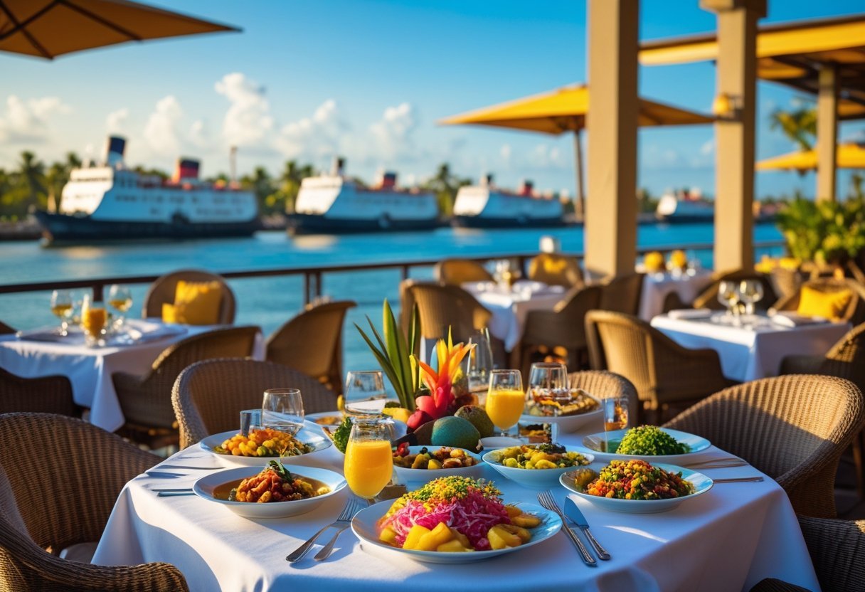 Outdoor dining table with colorful dishes and people enjoying a meal near the Panama Canal with ships passing in the background.