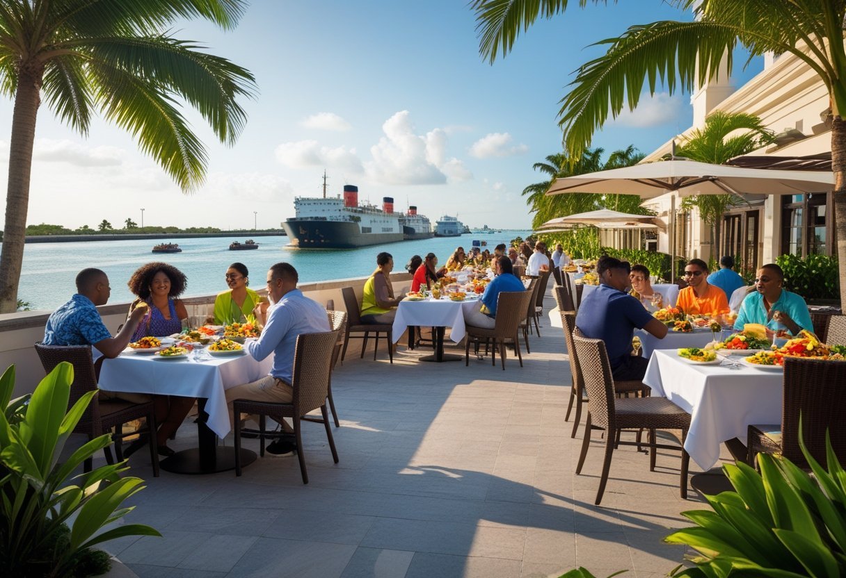 Outdoor restaurant terrace overlooking the Panama Canal with people enjoying meals and ships passing through the canal.