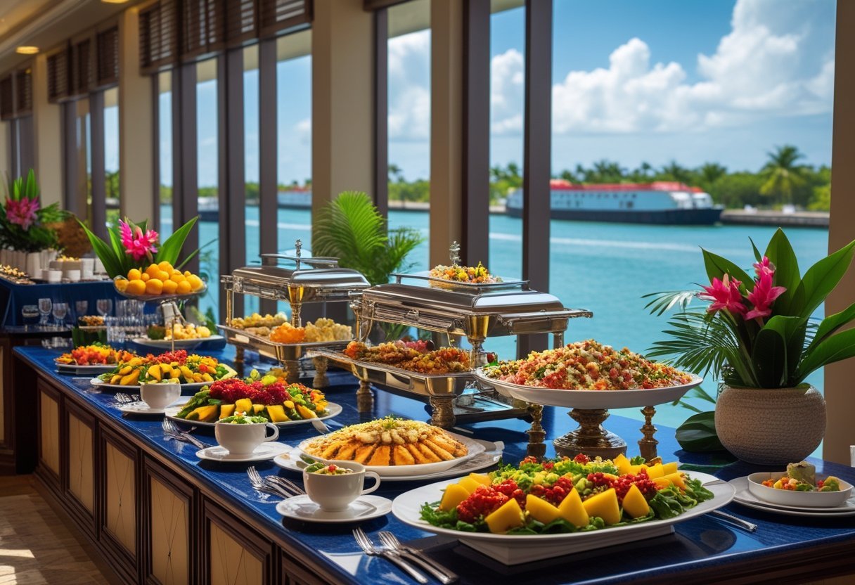 A buffet table with a variety of colorful dishes inside a restaurant overlooking the Panama Canal with ships visible through large windows.