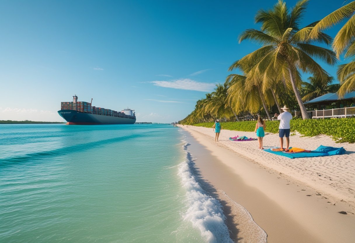 A sunny beach with palm trees, turquoise water, and a large ship passing through the Panama Canal in the background, with people enjoying the shoreline.