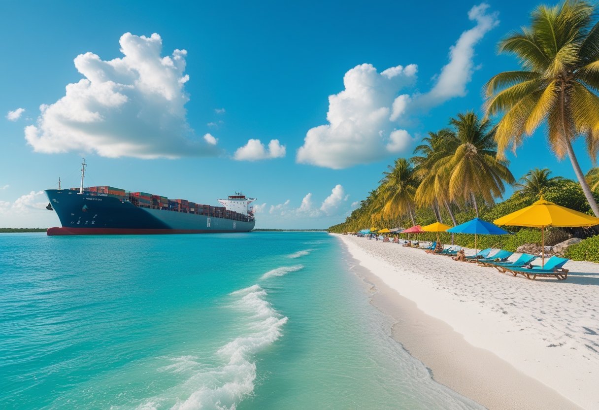Tropical beach with white sand, palm trees, clear turquoise water, and a cargo ship passing through the Panama Canal in the background.