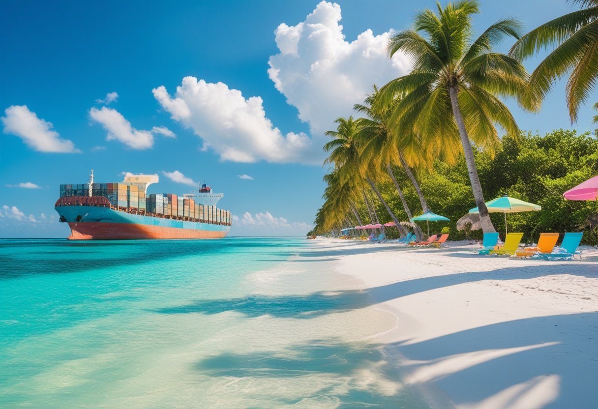 A tropical beach with white sand and palm trees beside the Panama Canal, with a cargo ship passing in the water under a blue sky.