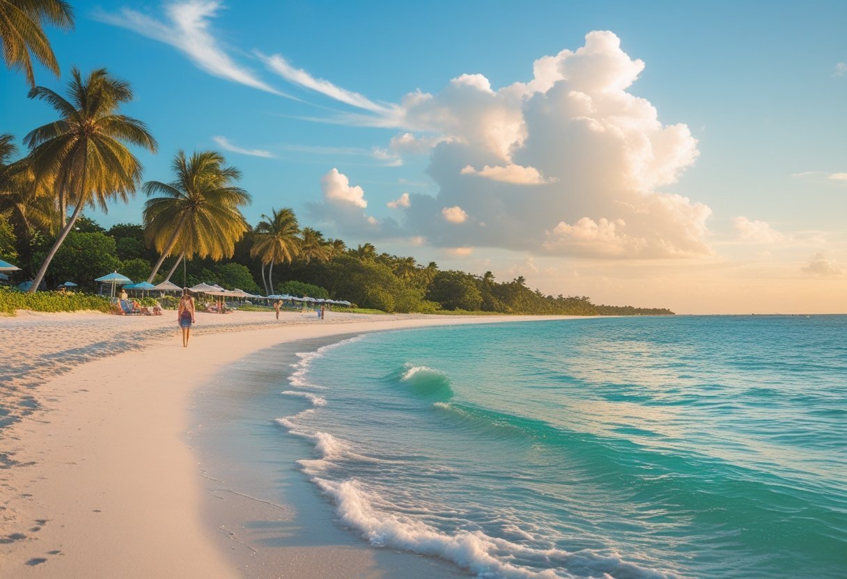 A calm beach with turquoise water, sandy shore, palm trees, and a few people enjoying the scenery under a clear sky.