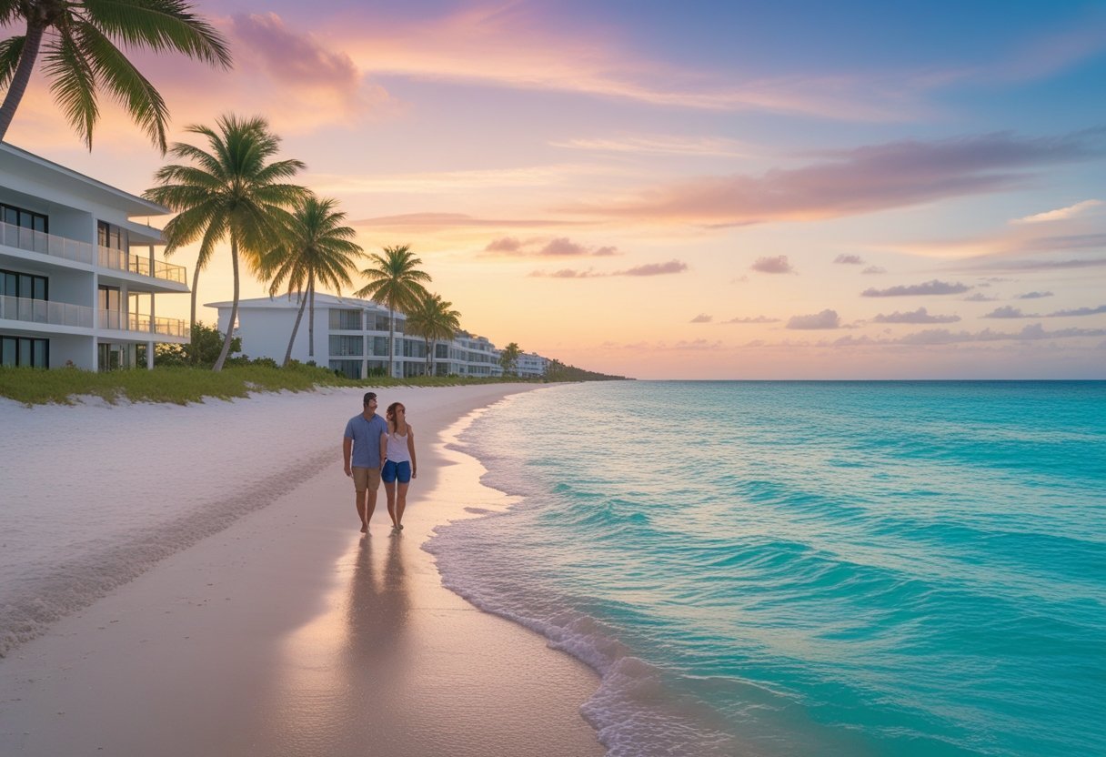 A peaceful beach near the Panama Canal with clear blue water, palm trees, beachfront accommodations, and two people walking along the shore at sunrise.