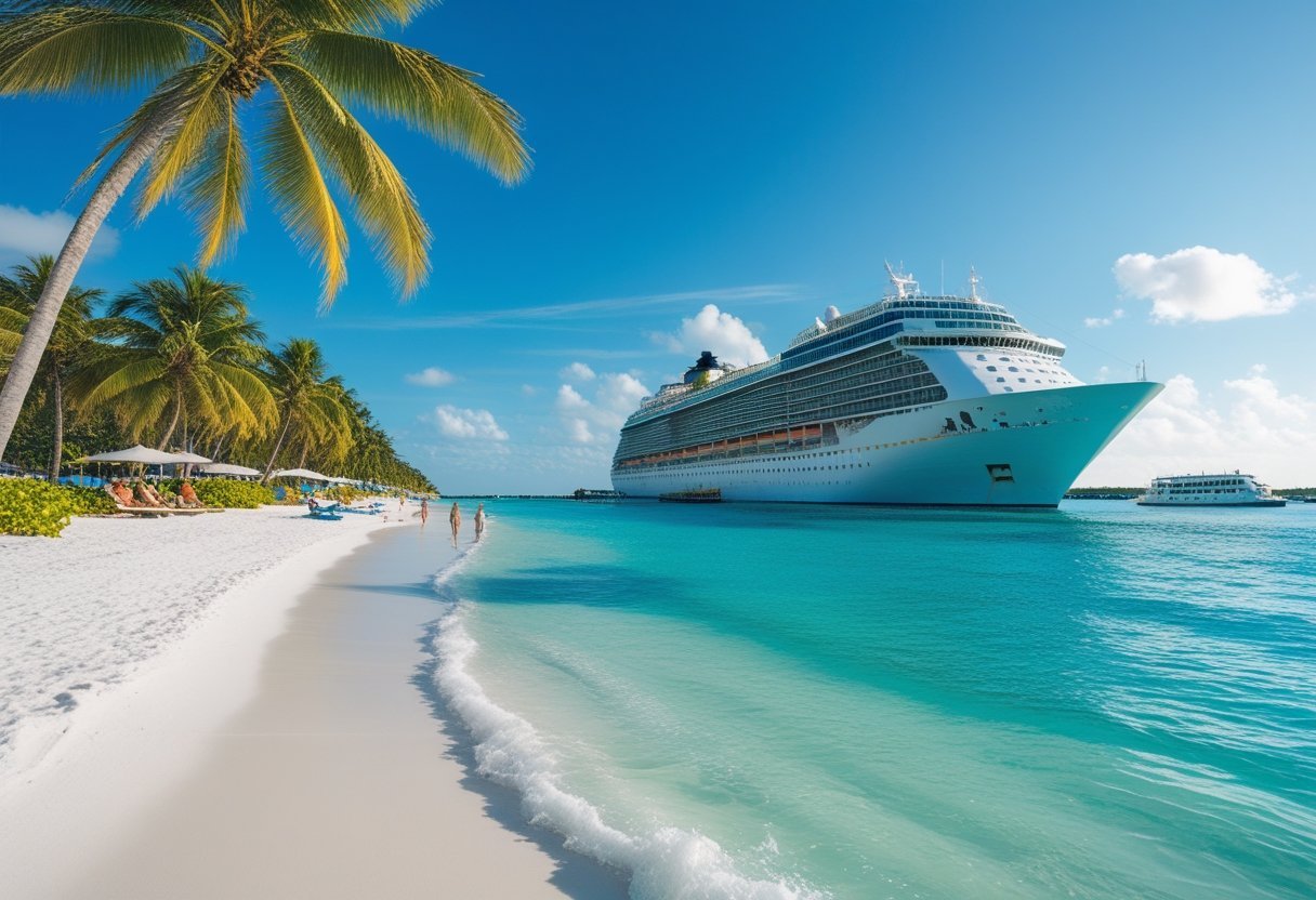 A tropical beach with white sand, palm trees, calm turquoise water, and a cruise ship passing through the Panama Canal in the background.