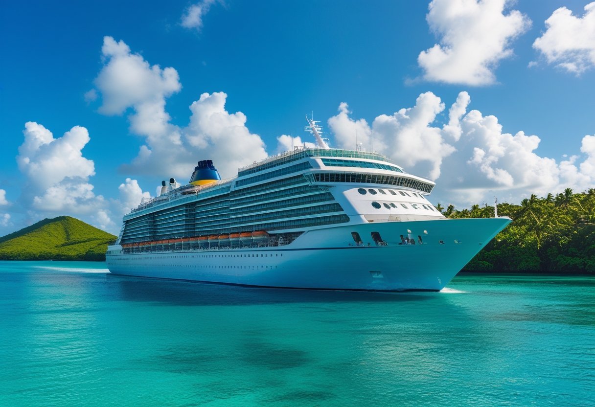 A large luxury cruise ship sailing through clear tropical waters near green islands under a blue sky.
