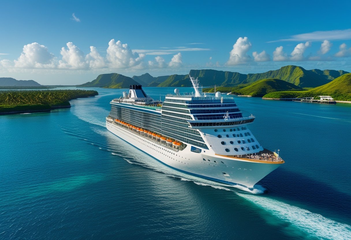 A large cruise ship sailing through tropical waters near the Panama Canal with green islands and clear skies in the background.