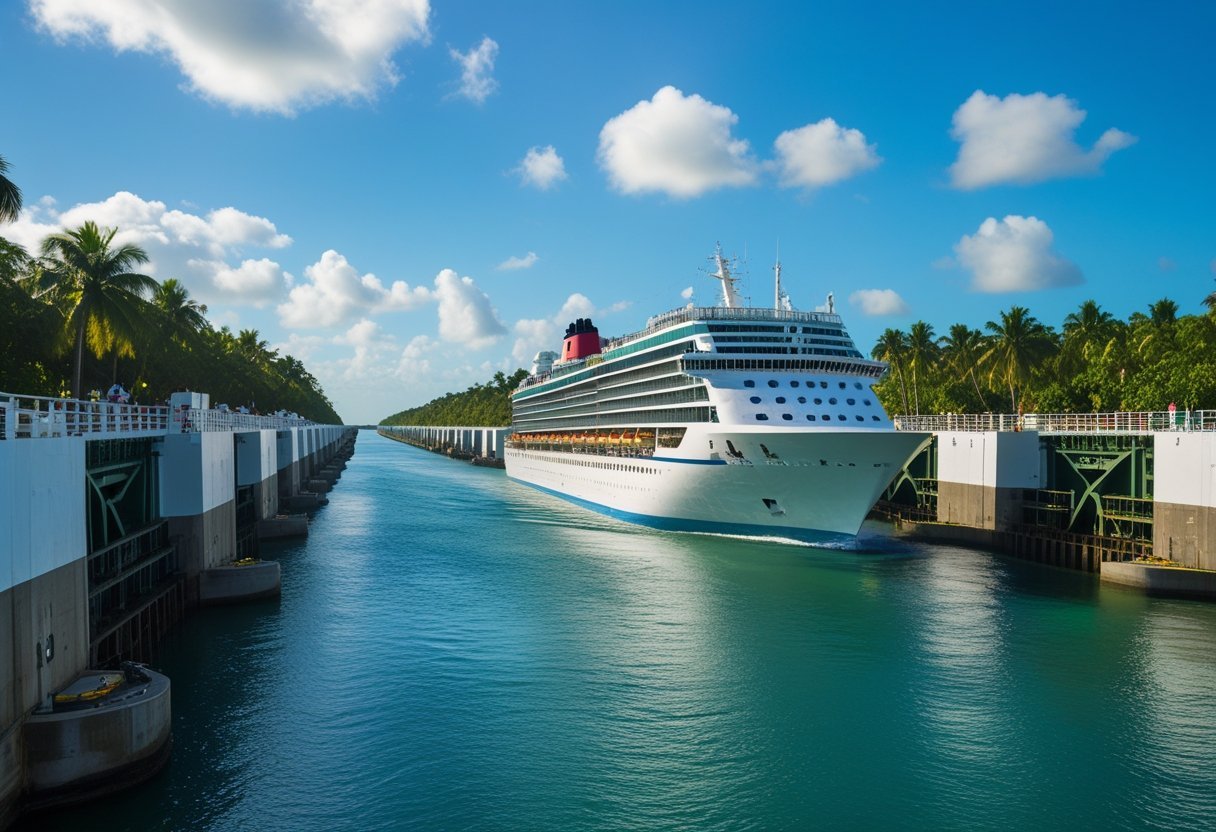 A large cruise ship sailing through the Panama Canal locks surrounded by tropical greenery under a blue sky.