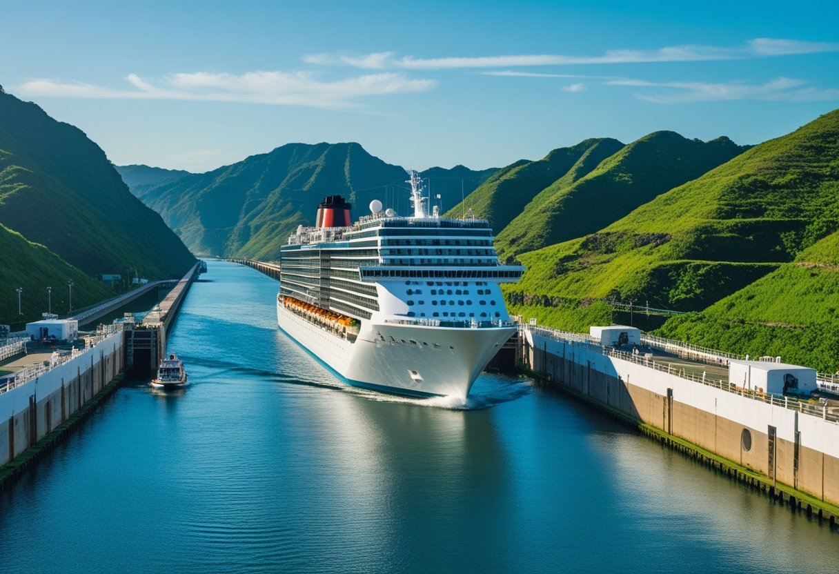 A large cruise ship sailing through the Panama Canal surrounded by green hills and lock gates under a clear blue sky.