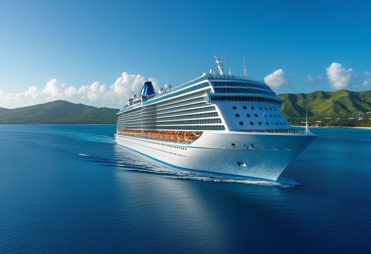 A large modern cruise ship sailing near a tropical coastline with palm trees under a clear blue sky.