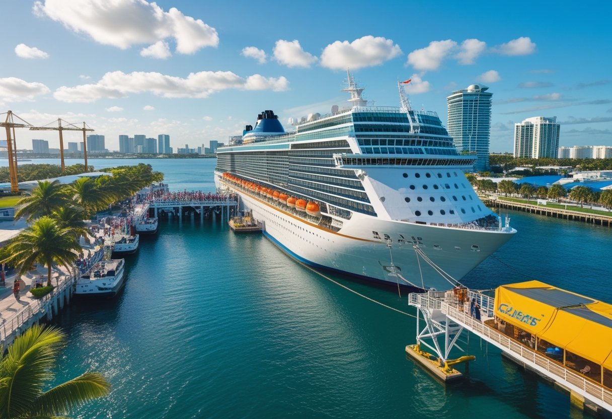 A large cruise ship docked at Fort Lauderdale port with passengers boarding and city buildings in the background under clear blue skies.