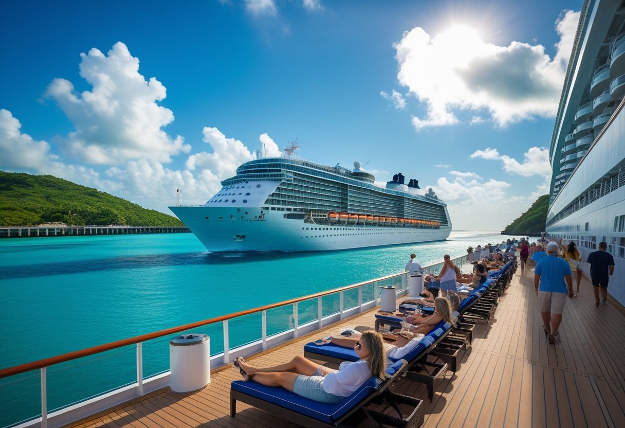 A cruise ship sailing on clear blue water with passengers enjoying the deck and tropical islands visible in the distance near the Panama Canal.