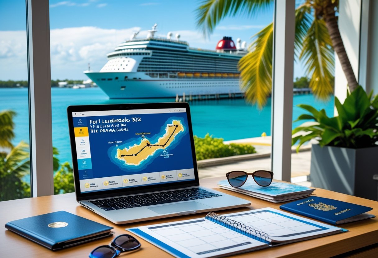 A travel desk with a laptop showing a cruise route map, surrounded by travel documents, with a cruise ship and tropical port visible through a window.