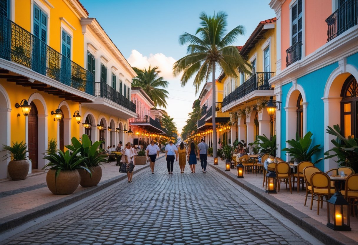A colorful street in Casco Viejo, Panama, with colonial buildings, cobblestone sidewalks, palm trees, and people walking near boutique hotels and cafes.