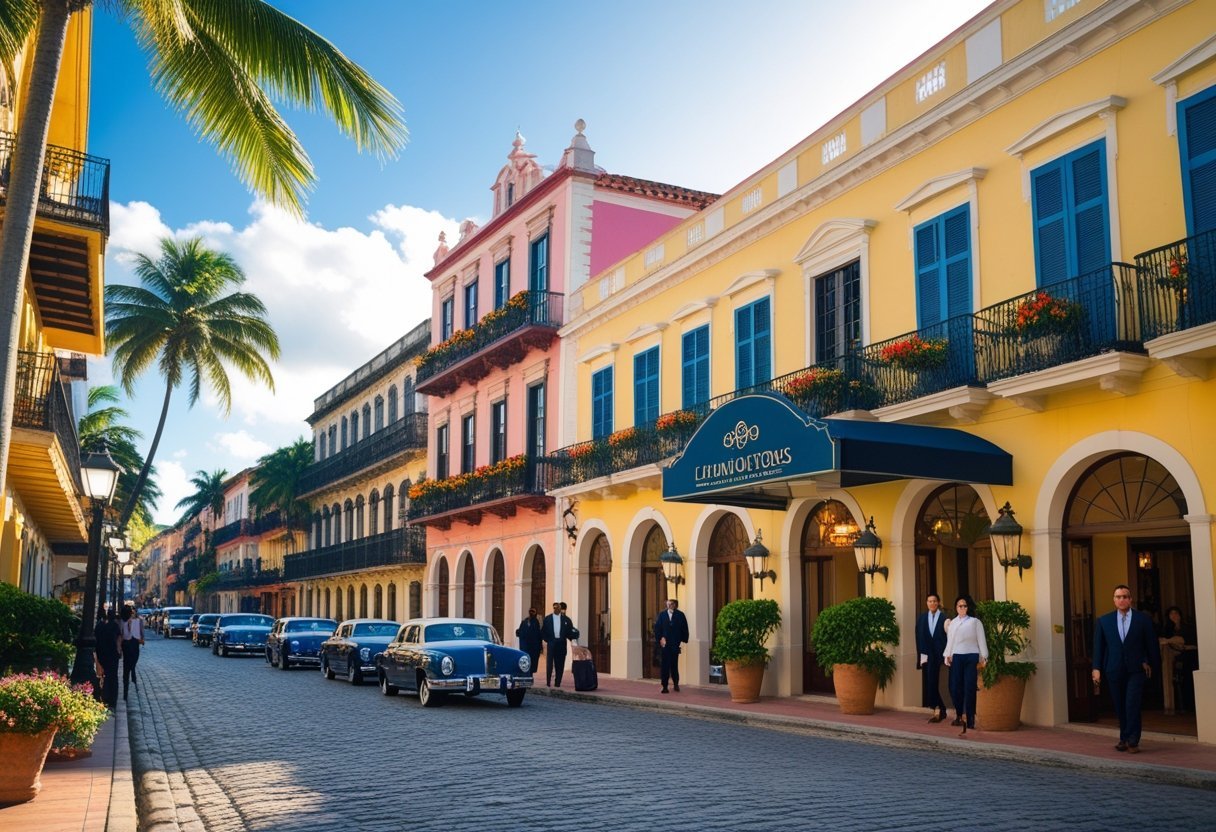 Street view of colorful colonial buildings and a luxury hotel entrance in Casco Viejo, Panama with people and palm trees under a clear sky.