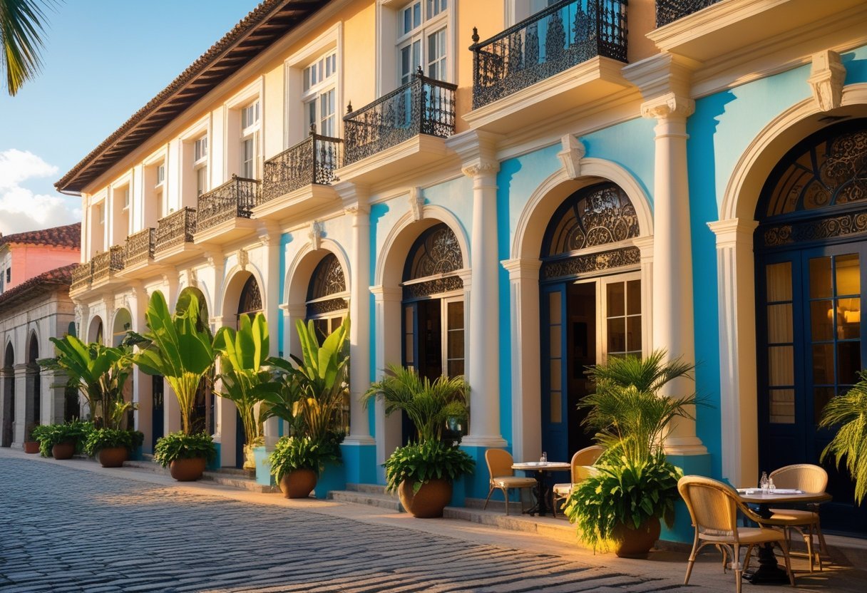 Exterior view of a colorful colonial-style hotel building with balconies and tropical plants in a historic neighborhood.