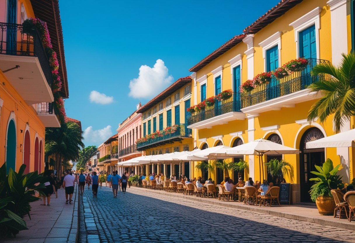 A lively street in Casco Viejo, Panama, with colorful colonial buildings, outdoor cafes, palm trees, and people walking along cobblestone streets.