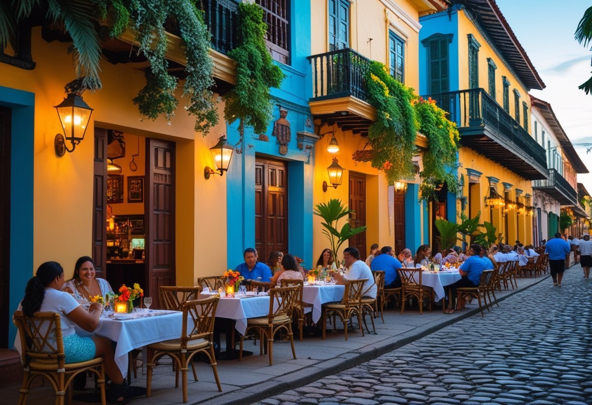 A lively street in Casco Viejo, Panama, with colorful colonial buildings, outdoor restaurant seating, and people enjoying meals.