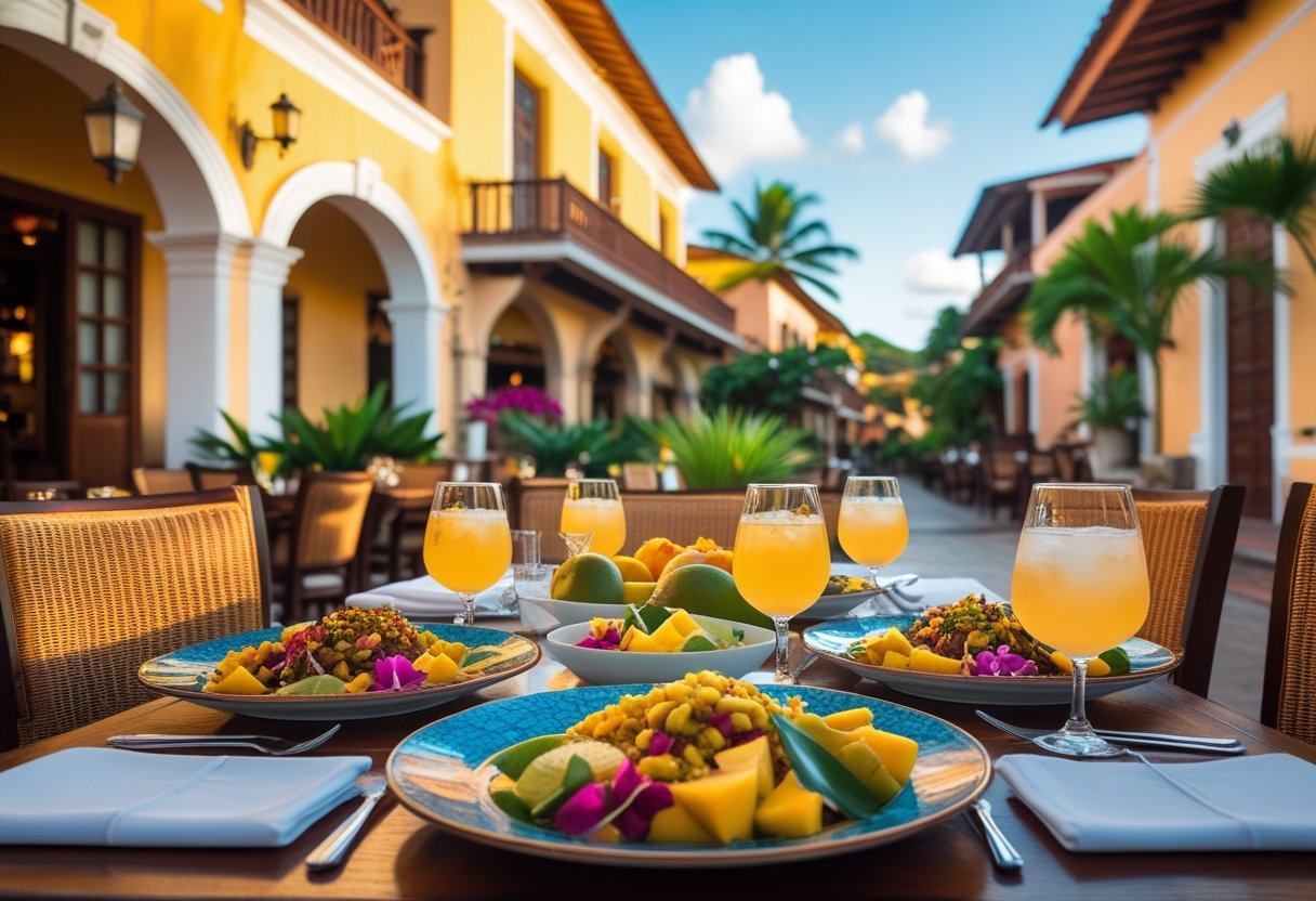 Outdoor dining table with colorful food and drinks in front of pastel colonial buildings in Casco Viejo, Panama.