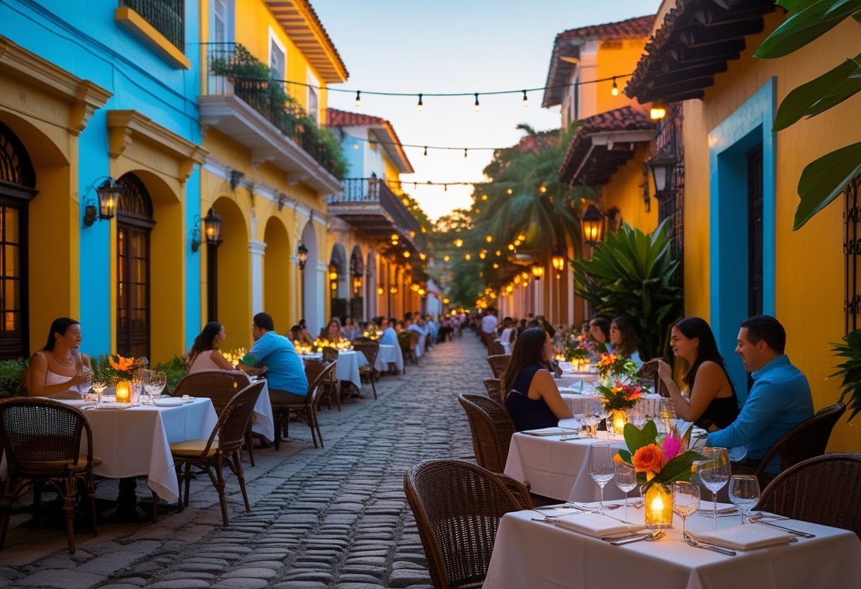 Outdoor dining tables set on a cobblestone street in a colorful historic neighborhood with people enjoying a meal under warm evening light.