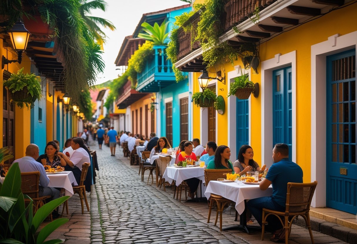 Outdoor dining scene on a cobblestone street with colorful buildings and people enjoying meals in Casco Viejo, Panama.