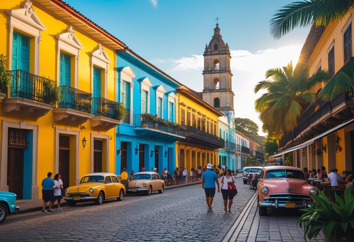 Street in Casco Viejo, Panama with colorful colonial buildings, people walking, outdoor cafes, vintage cars, and a historic church tower in the background.