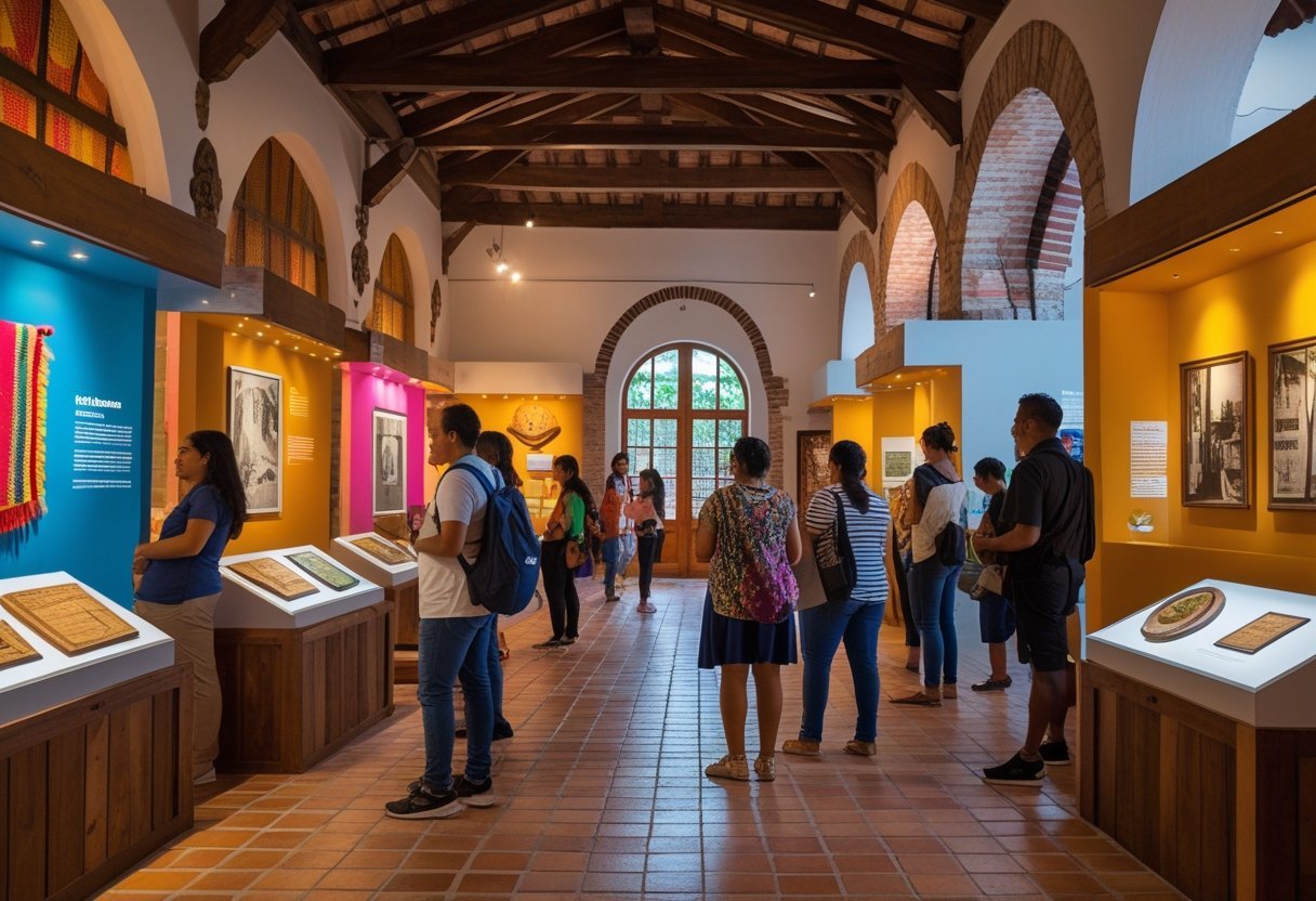 People exploring exhibits inside a museum in Casco Viejo, Panama, surrounded by historical artifacts and colonial architecture.