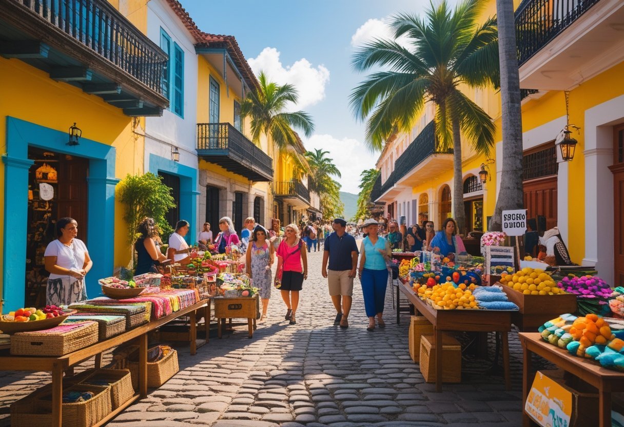 People shopping at colorful outdoor market stalls in a historic street with pastel-colored buildings and cobblestone pavement.