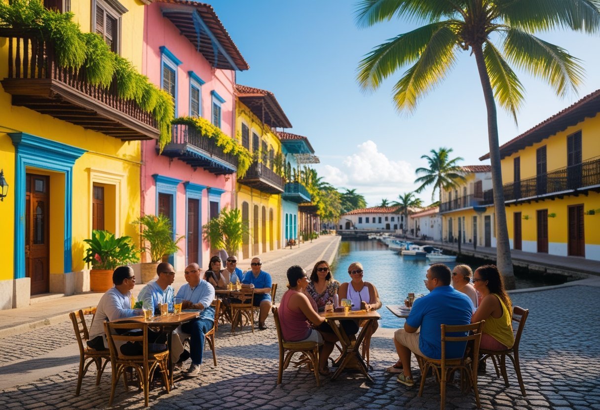 People relaxing at an outdoor café in a colorful historic district with colonial buildings and a waterfront in Casco Viejo, Panama.