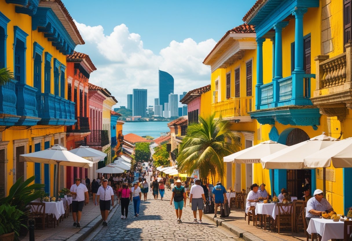 Colorful colonial buildings and cobblestone streets in Casco Viejo, Panama, with people walking and outdoor cafes under bright sunlight.