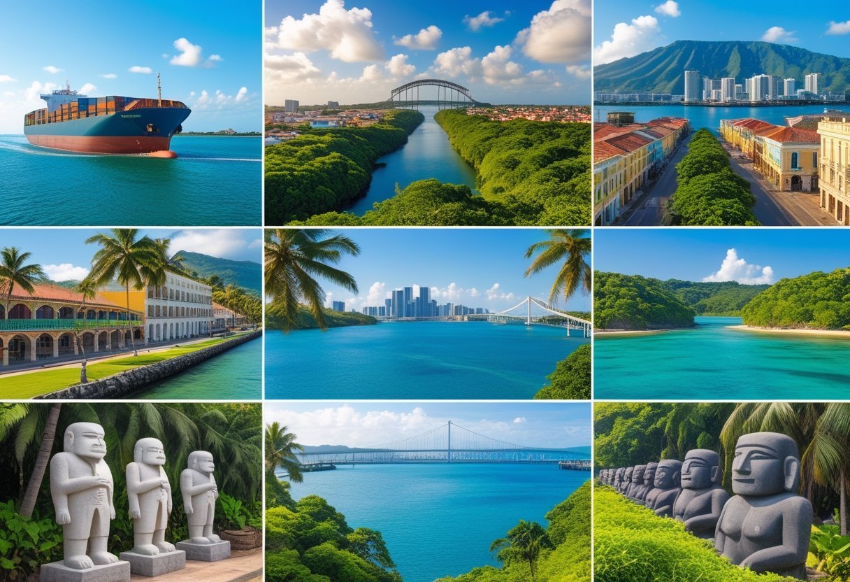 A collage of Panama's top tourist attractions including the Panama Canal with a ship, colorful colonial buildings, tropical rainforest, clear blue sea with sandy beaches, a large bridge, city skyline, indigenous statues, a fish market, a palm-lined causeway, and a natural park with city views.