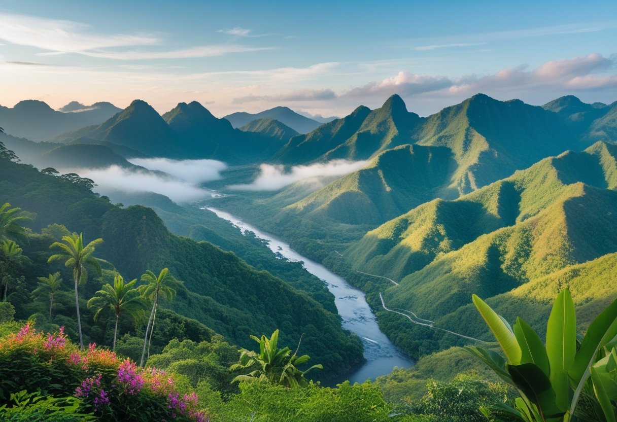 Panoramic view of green mountains and tropical vegetation in the Boquete highlands of Panama with mist and a winding river.