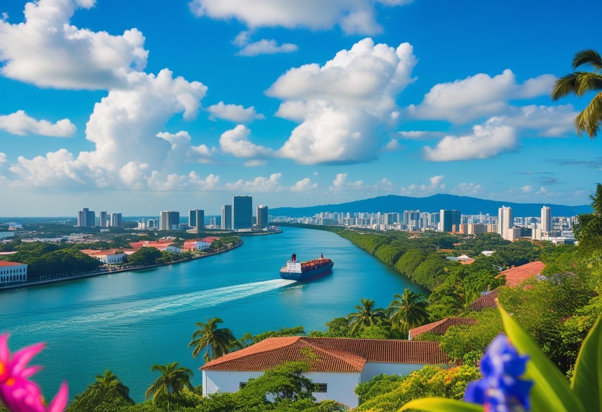 Panoramic view of Panama featuring the Panama Canal, colonial buildings, tropical rainforest, and modern city skyline under a bright blue sky.
