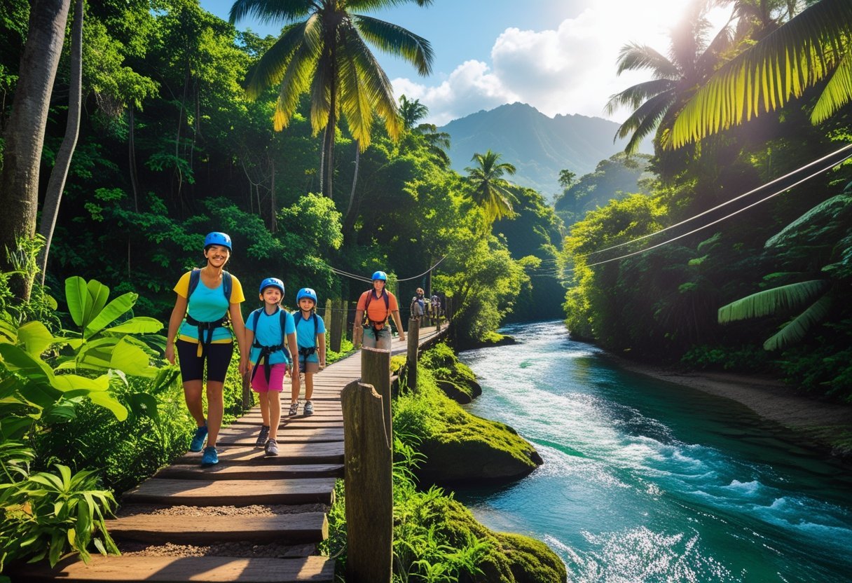 A family hiking and enjoying outdoor adventure activities in a lush tropical rainforest with a river and mountains in the background.