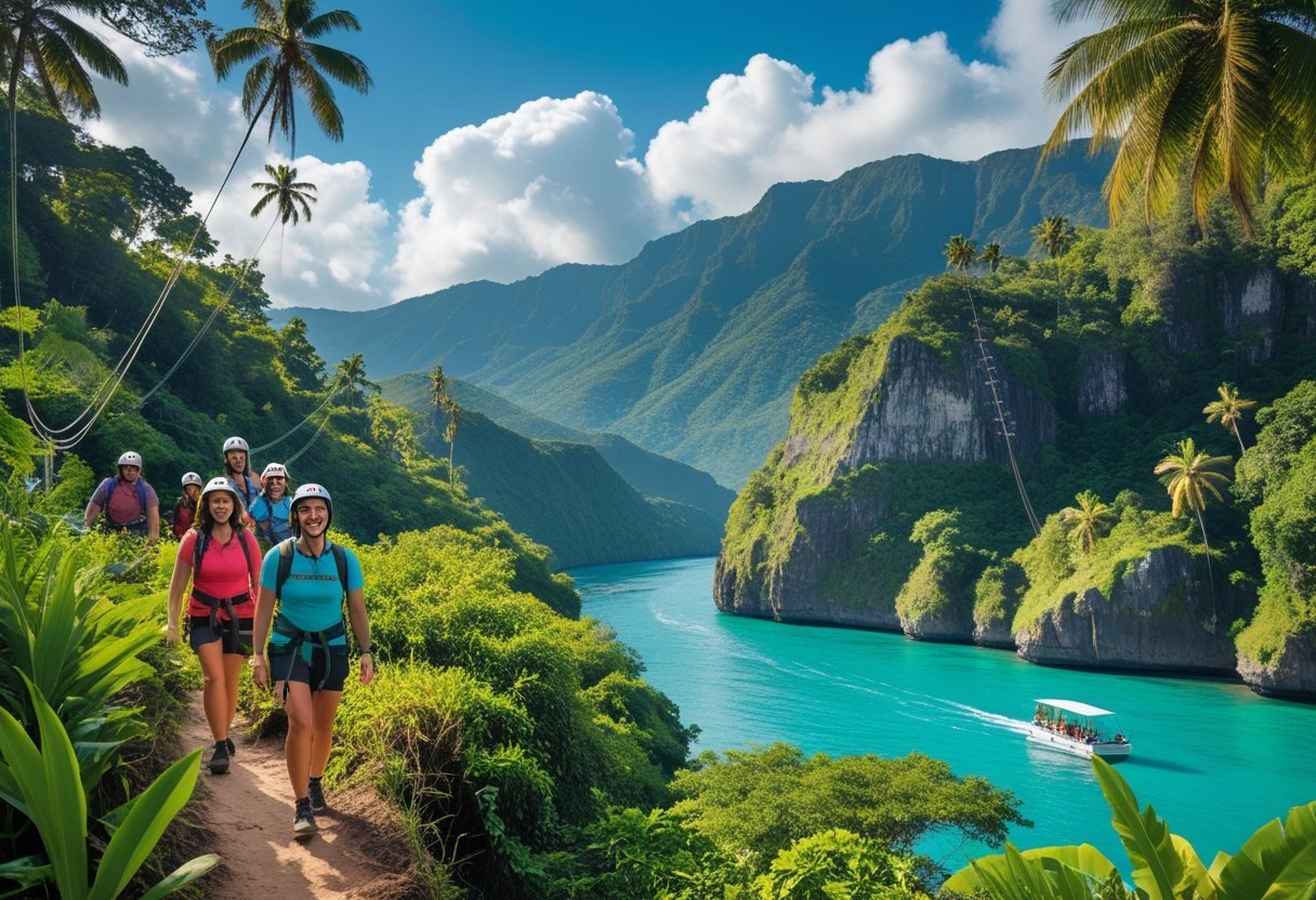 A group of travelers hiking in a jungle, zip-lining over a river gorge, and boating near a tropical beach with palm trees and mountains in the background.