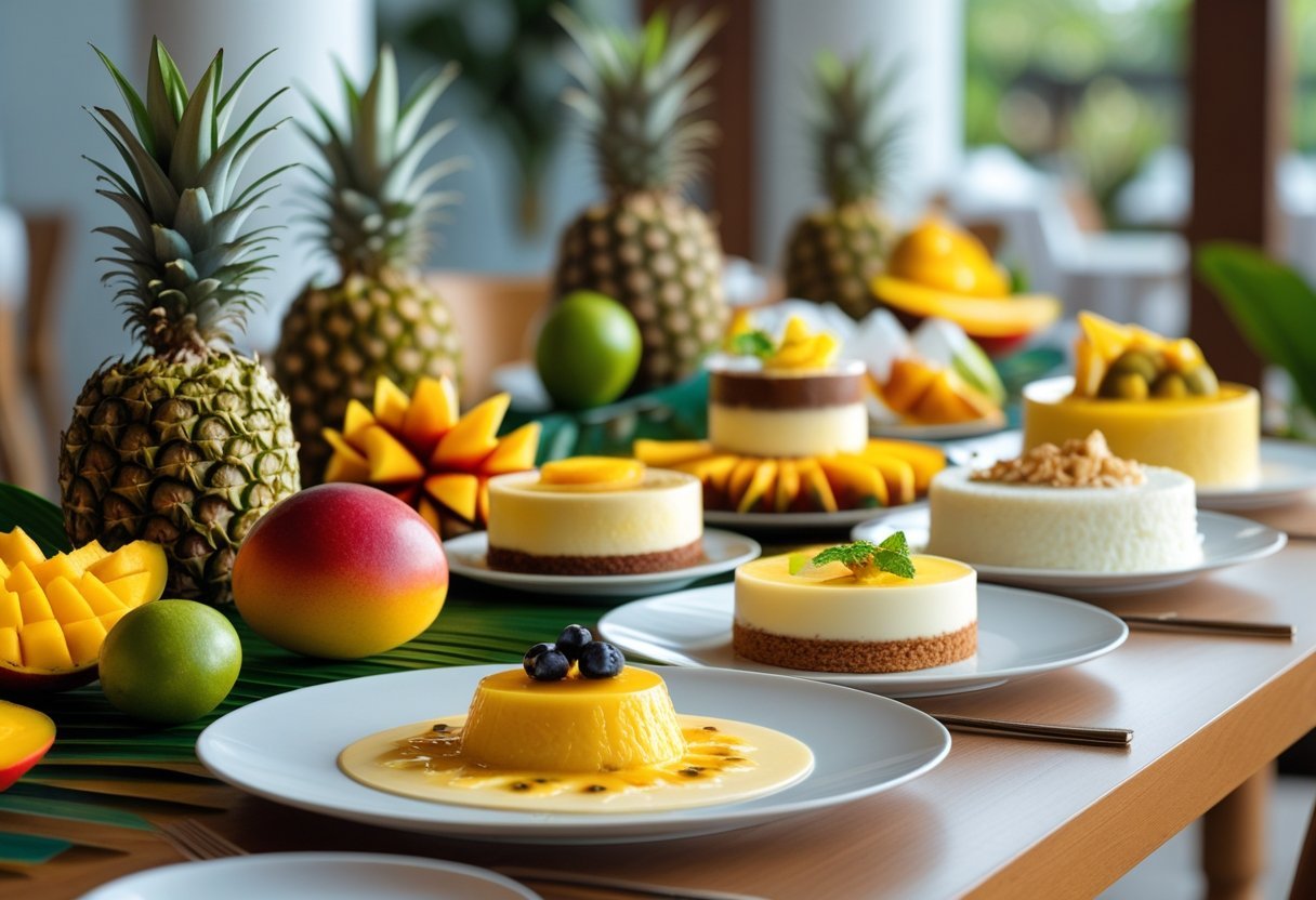 A table displaying an assortment of colorful Panamanian desserts and tropical fruits in a bright restaurant setting.