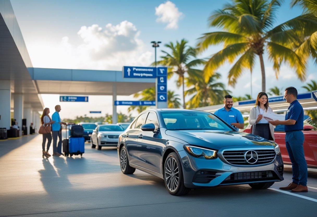 Travelers renting a car near an airport terminal in Panama with palm trees and luggage visible.