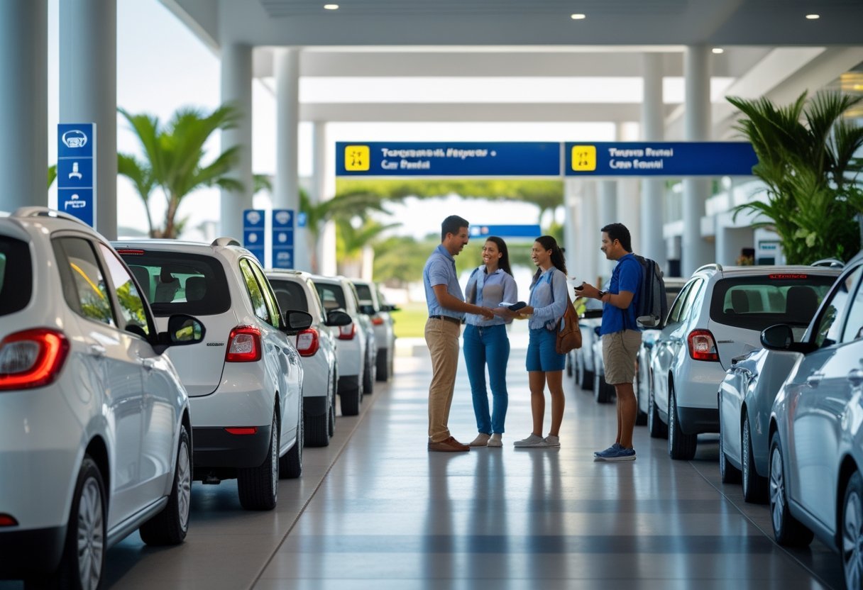 Travelers renting cars at an airport car rental area with several parked rental vehicles and a service desk.