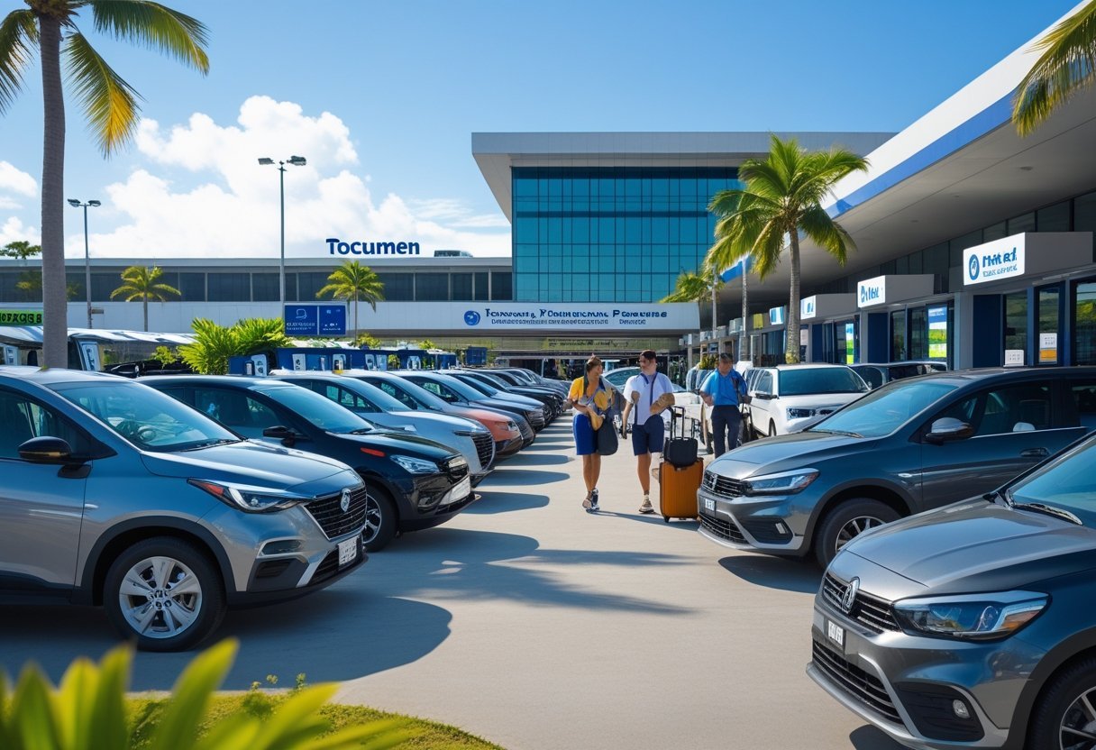 A busy car rental area at an airport in Panama with rental cars lined up, travelers with luggage, and rental agents assisting customers under clear sunny skies.
