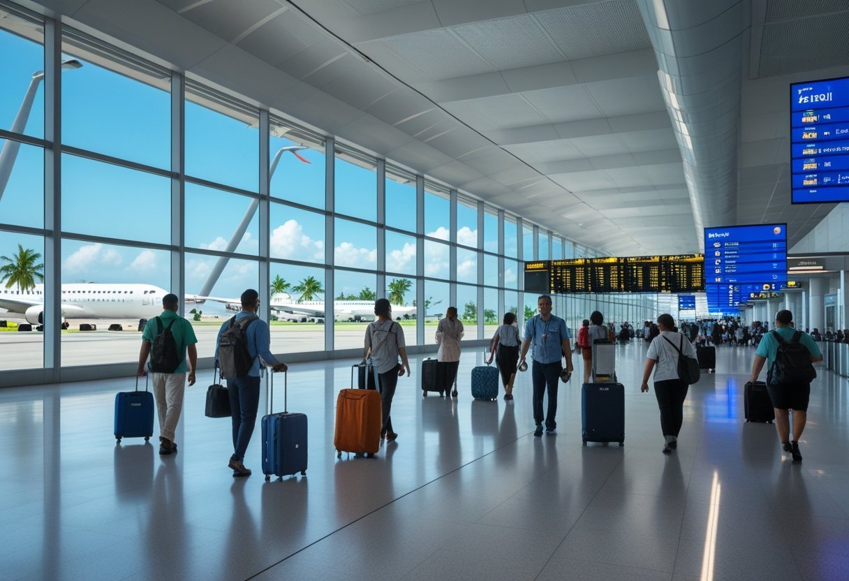A busy airport terminal in Panama with travelers, planes outside, and airport staff assisting passengers.