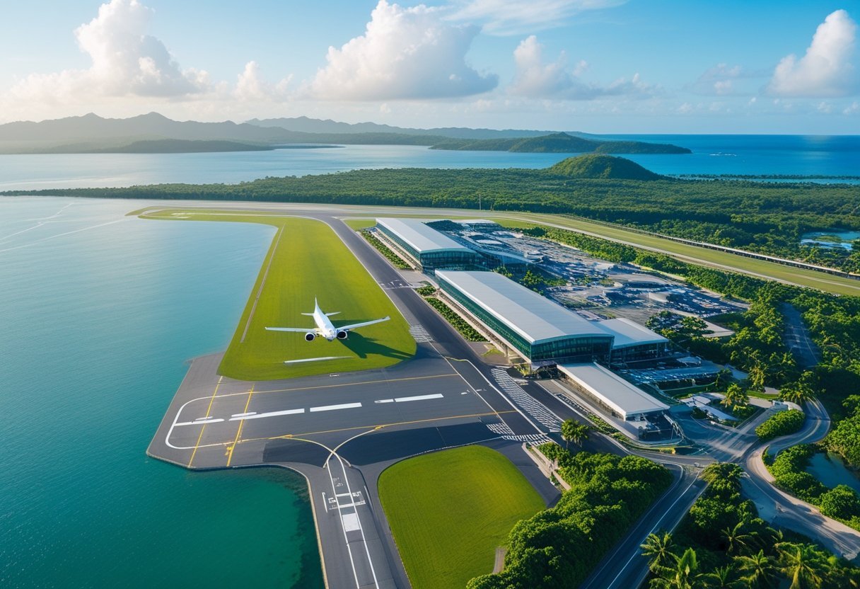 Aerial view of a modern airport near Colon, Panama, showing runways, terminals, an airplane, and surrounding tropical landscape with water and mountains.