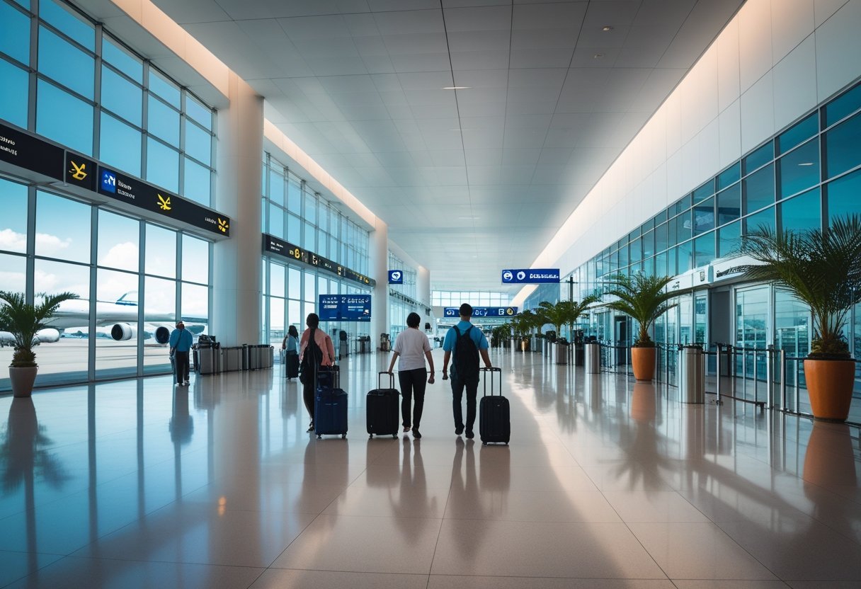 Travelers walking inside a bright, modern airport terminal with large windows showing airplanes outside.