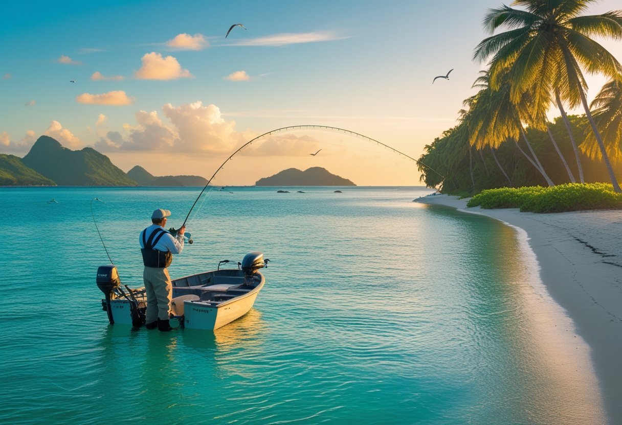 A person fishing from a small boat on calm tropical waters near a palm-lined shore at sunrise.
